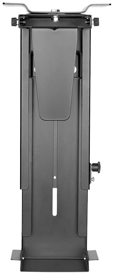 A black, vertical metal stand with an adjustable lifting mechanism and side turning knobs. Ideal for workshop equipment.