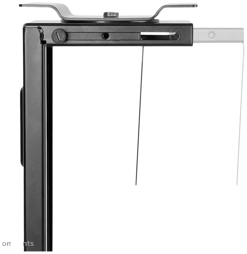 'Side view of a black frame with adjustable brackets and wires, potentially for mounting or fastening.'
