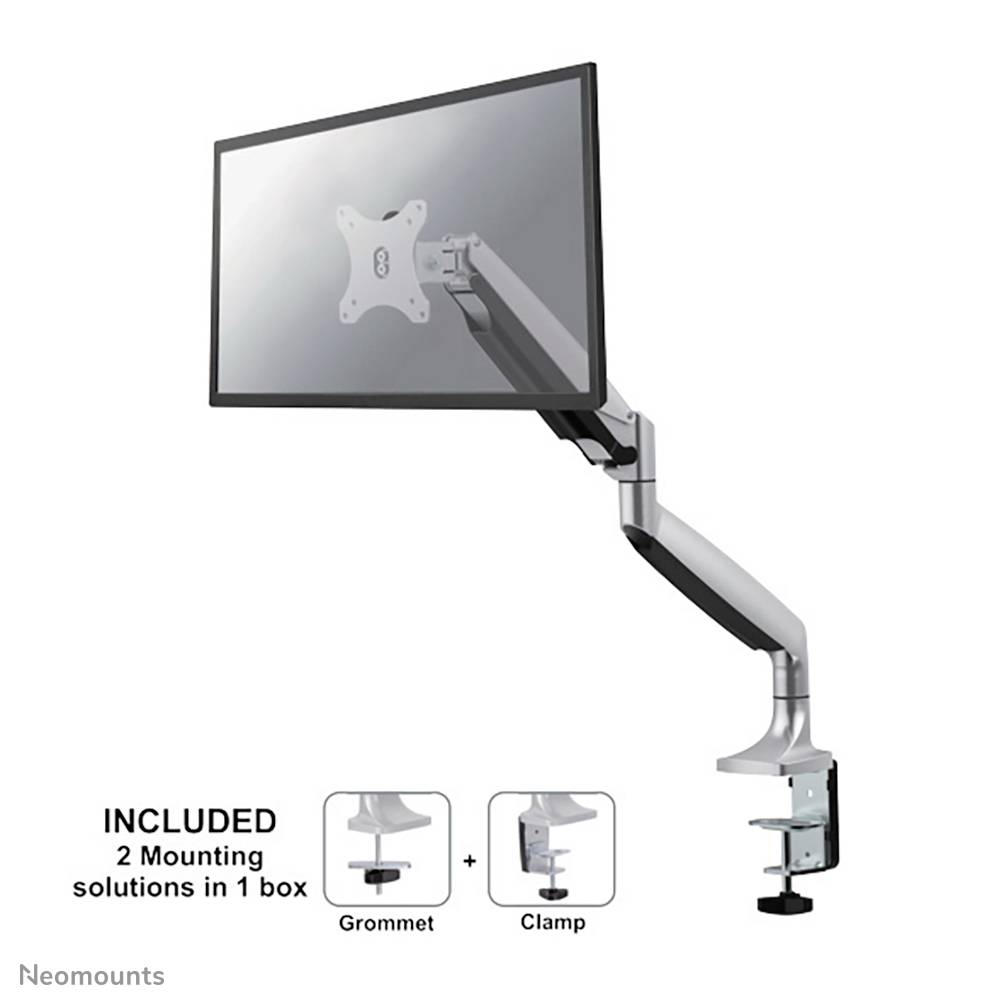 Single monitor arm with adjustable joint, suitable for monitors up to 32 inches. Includes mounting options of clamp and cable management.