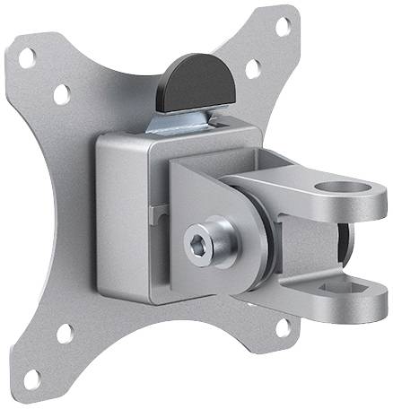 Metal mounting bracket with a pivoting joint, for wall mounting a screen. Square base with screw holes in the corners.