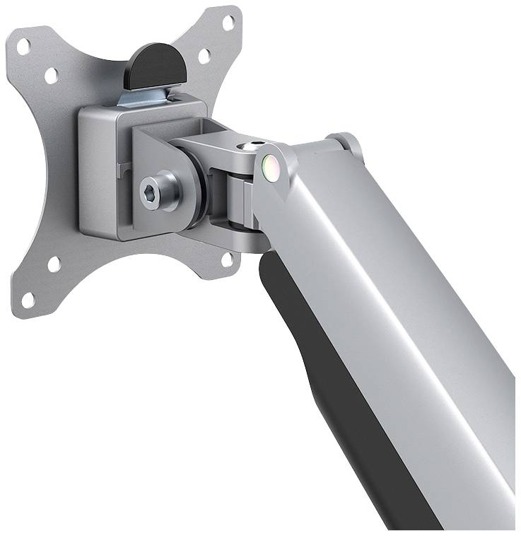 Silver metal monitor mount with an adjustable arm and a mounting plate for attaching a screen.