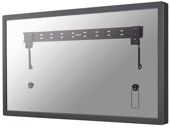 Slim wall mount with horizontal rail and hooks for securing a screen or television to the wall.