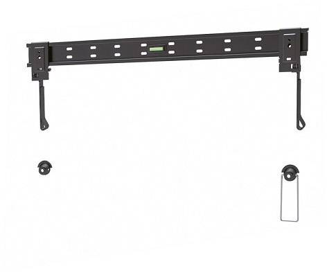 TV wall mount with two vertical hooks and a horizontal rail that is secured to the wall.