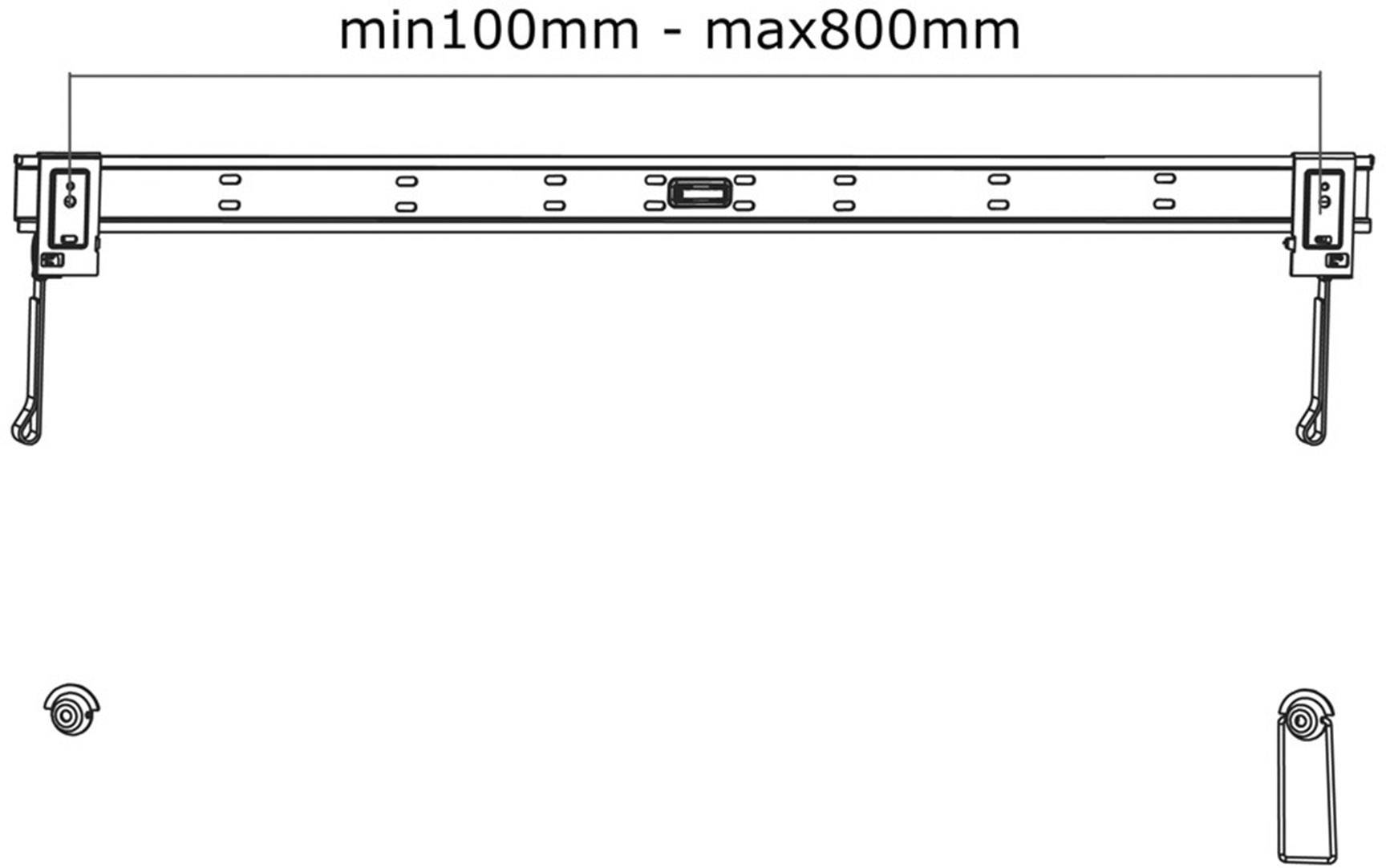 'Universal rail min 100 mm - max 800 mm' with height adjustment. Suitable for various fixings with variable width.