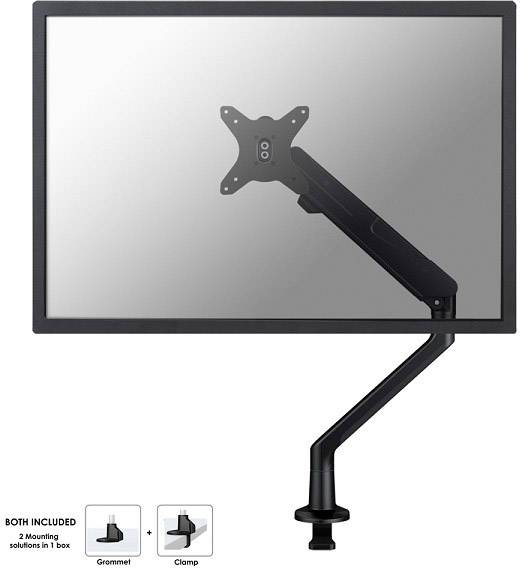 A monitor arm with an adjustable metal arm, mounted on a desk. Two mounting options: grommet and clamp.