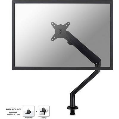 A monitor arm with an adjustable metal arm, mounted on a desk. Two mounting options: grommet and clamp.