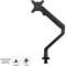Black monitor arm with adjustable joint, suitable for mounting on a desk. Includes mounting options with clamp and through-bolt fixing.