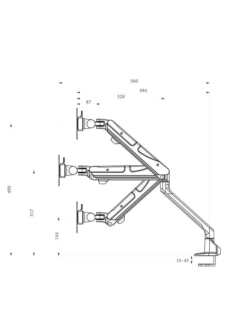 Technical drawing of an adjustable monitor arm with dimensions: Height 490 mm, maximum depth 560 mm. Shows joint locations and mounting points.
