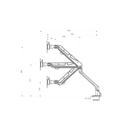 Technical drawing of an adjustable monitor arm with dimensions: Height 490 mm, maximum depth 560 mm. Shows joint locations and mounting points.