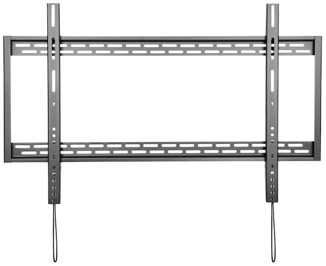 A black television wall mount with adjustable metal arms and safety straps, suitable for large screens.