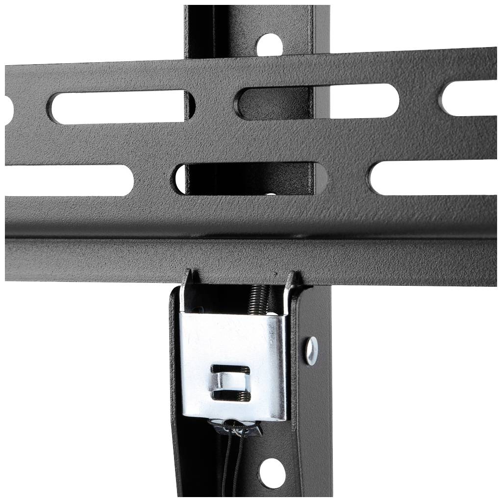 A black metal TV wall mount with horizontal and vertical rails designed for wall mounting.