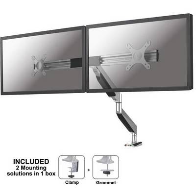 Two side-by-side mounted monitors on a height-adjustable arm. Includes two mounting options: clamp and grommet.