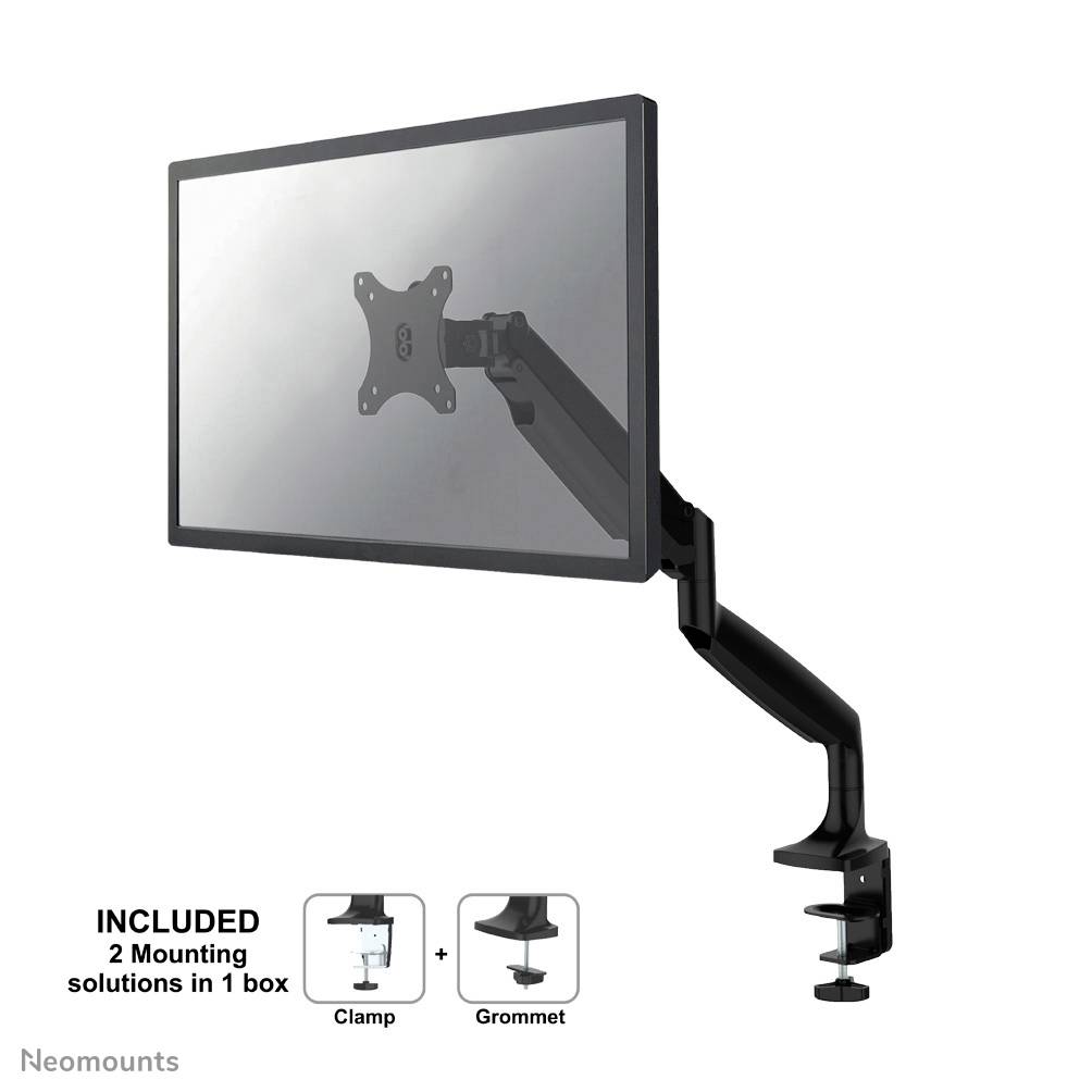 A black monitor arm with a mounting system. Includes two mounting options: clamp and grommet fixings.
