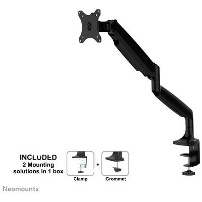 A black monitor arm with two mounting options, clamp and grommet. Includes all mounting possibilities in one box.