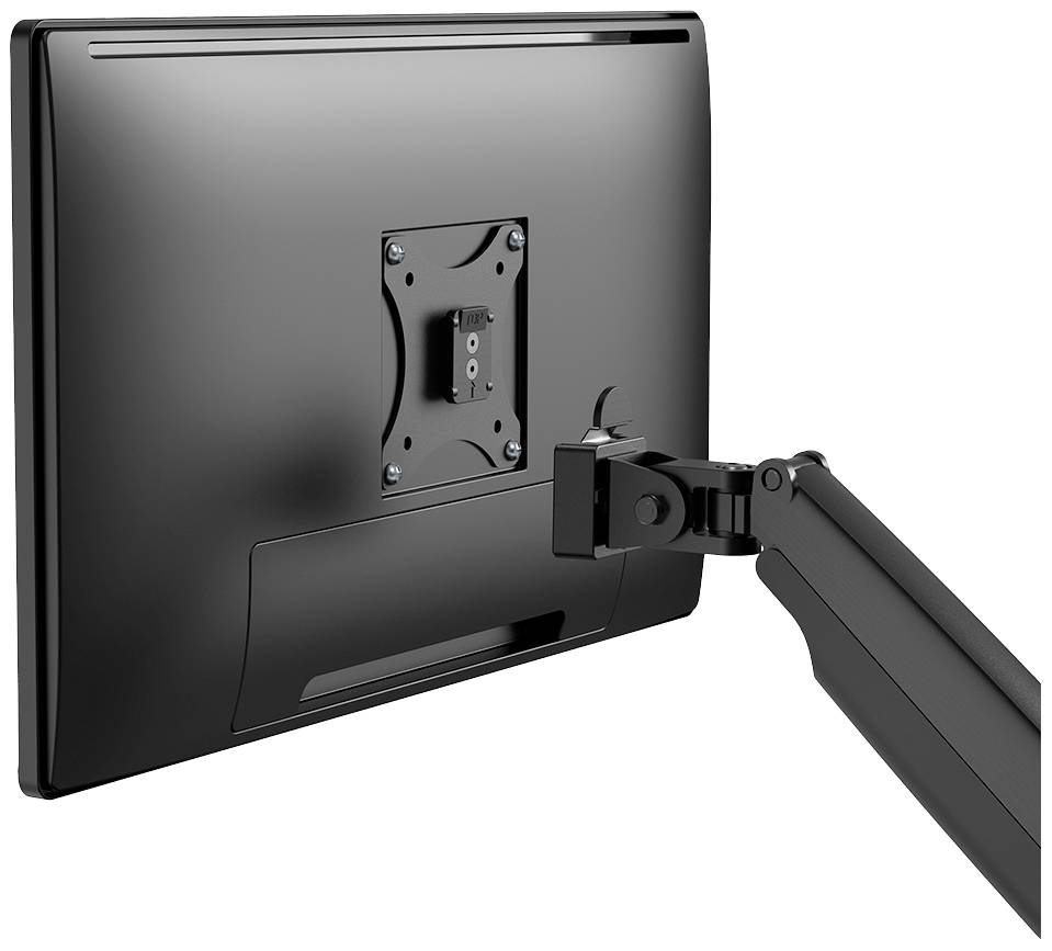 A black computer monitor viewed from behind, mounted on a pivoting arm.