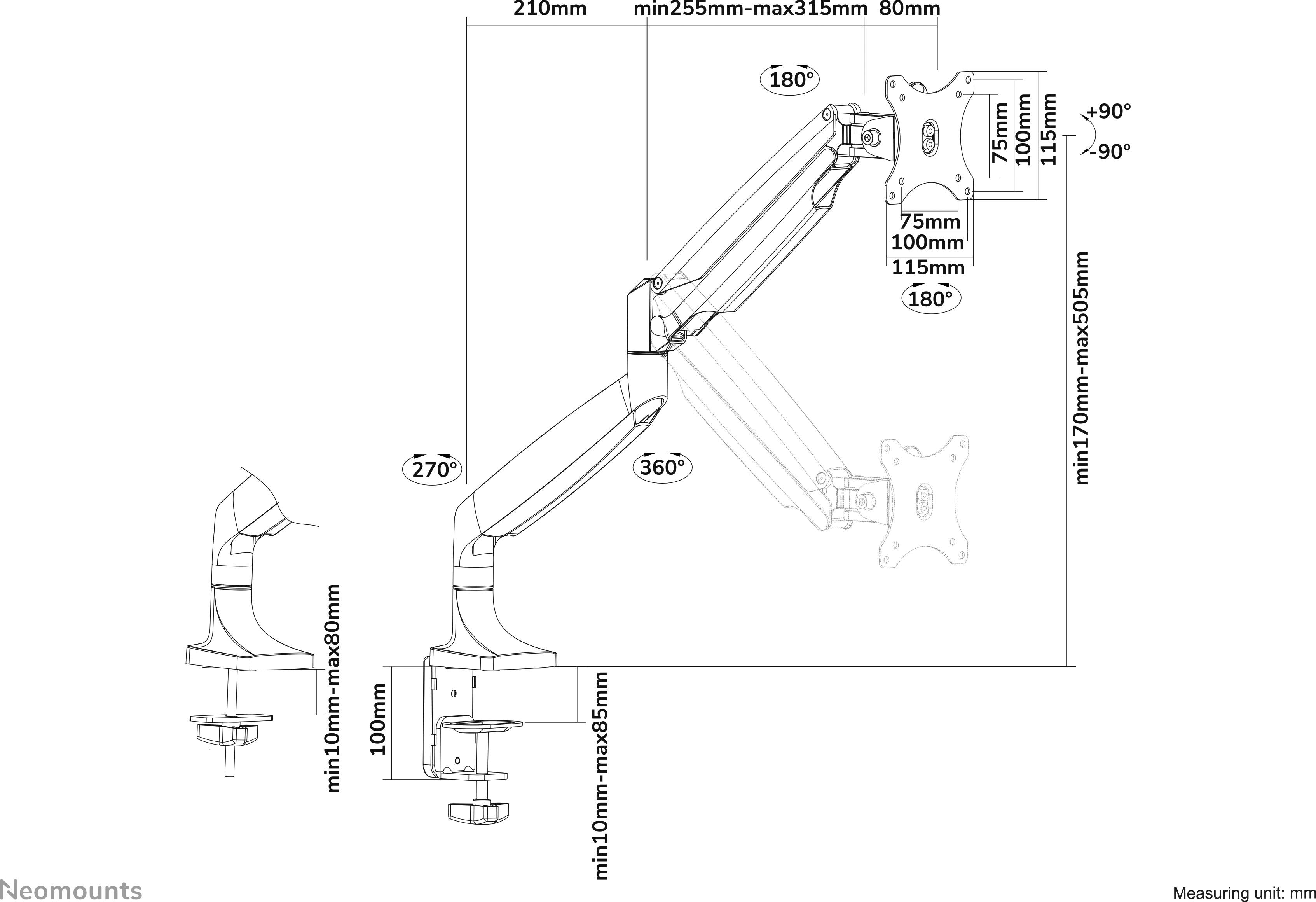 Technical drawing of an adjustable monitor mount with dimensions and rotation angles. Illustrates mounting, arms and mobility.