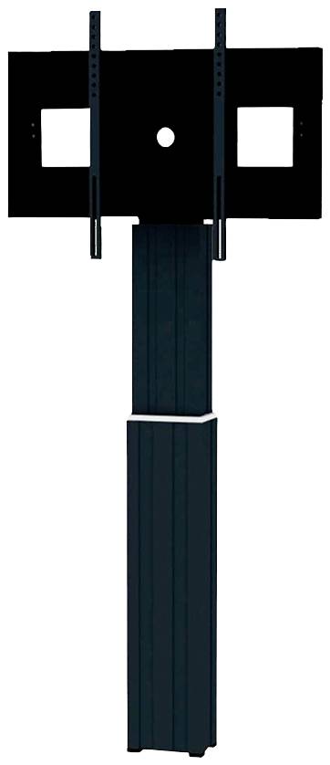 Black, freestanding TV mount with adjustable height and rectangular backboard to support monitors or televisions.