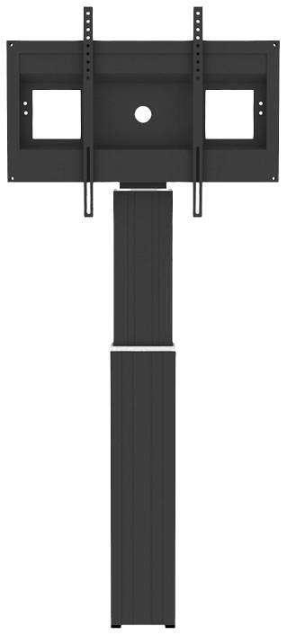 Black TV wall mounting system with adjustable height, suitable for large screens, with sturdy base and hooks.