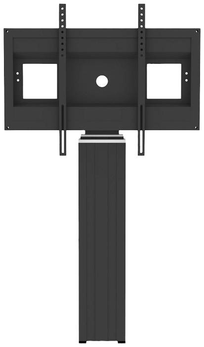 Black TV wall mount with adjustable arms on a stable base, suitable for large flat-screen televisions.