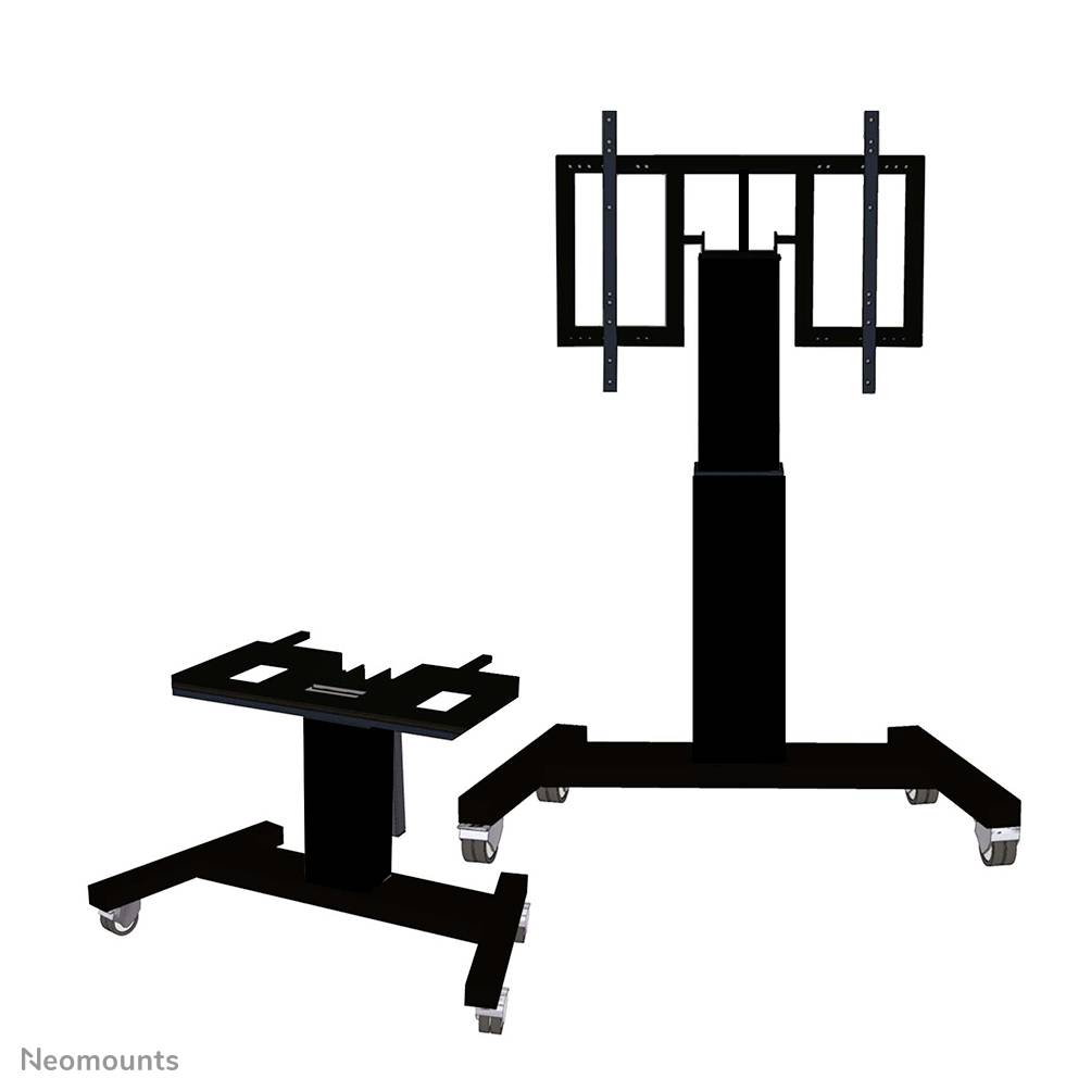 Monitor stand with wheels, black, height-adjustable, on a rectangular base for stable support.