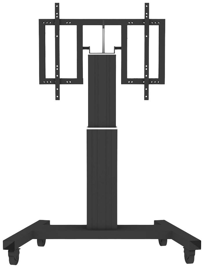 A black TV stand on castors with an adjustable mounting system for flat-screen televisions.