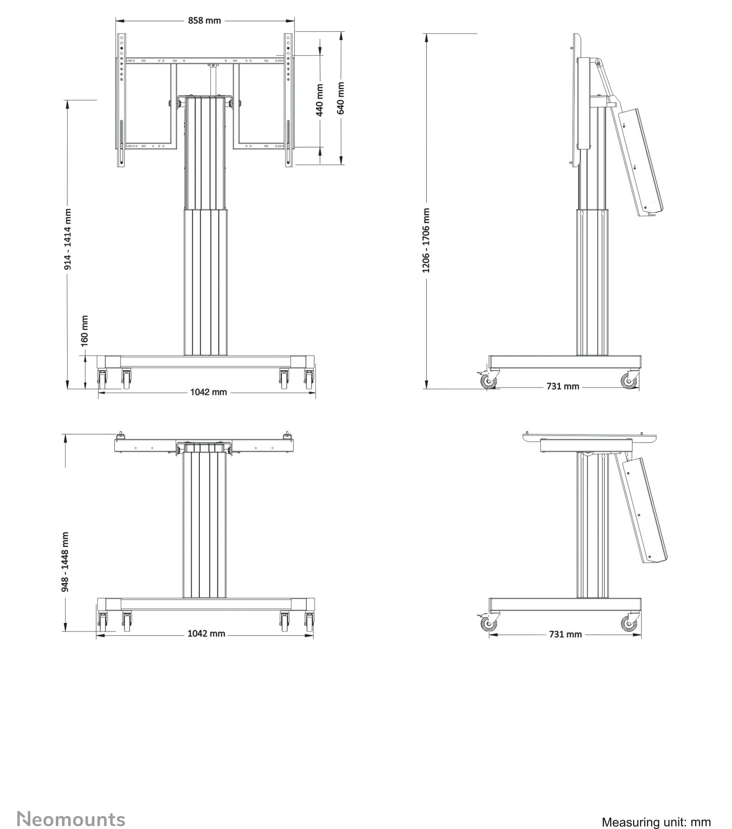 Technical drawing of a screen lift with height and width dimensions. Front and side view shown. Unit of measurement: mm.