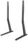 Two black metal stands with holes for height adjustment, standing separately upright. Used as part of a mount or frame.