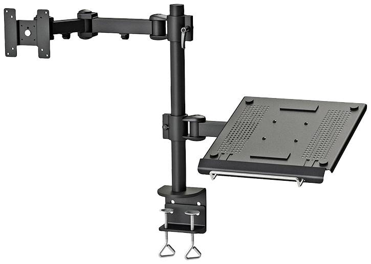 An adjustable monitor arm with an integrated laptop mount. The mount is fixed to a desk and can be moved flexibly.