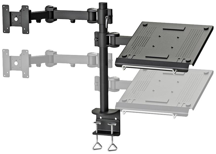 Double monitor mount with adjustable arms, mounted on a desk, suitable for two screens to create an ergonomic workspace.