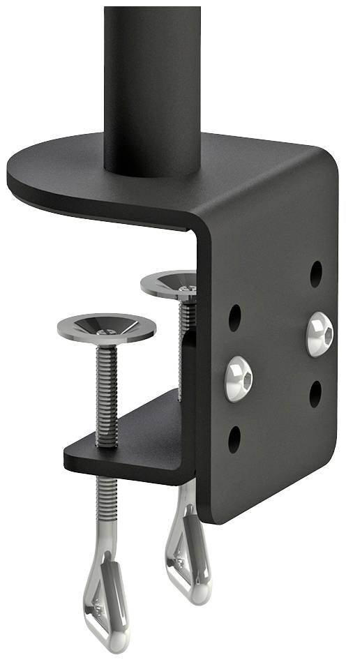 Metal clamp with two screws and bolts for securing a vertical rod. Suitable for industrial applications.