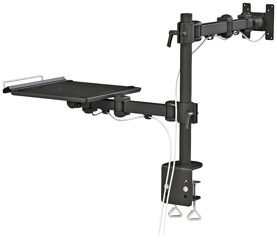 Black and grey adjustable monitor mount with tablet shelf and cable management. Suitable for desk mounting.