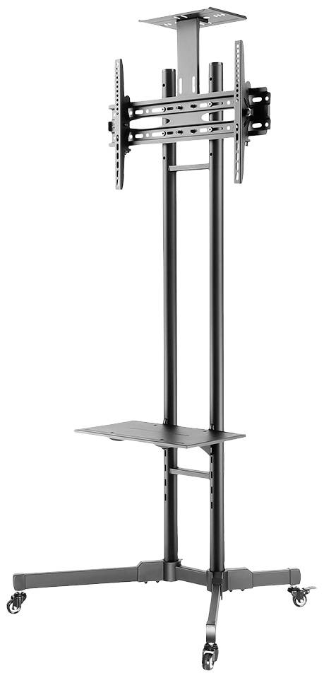 Metal TV stand with castors, height-adjustable, with shelf. Suitable for large-format screens in presentation environments.