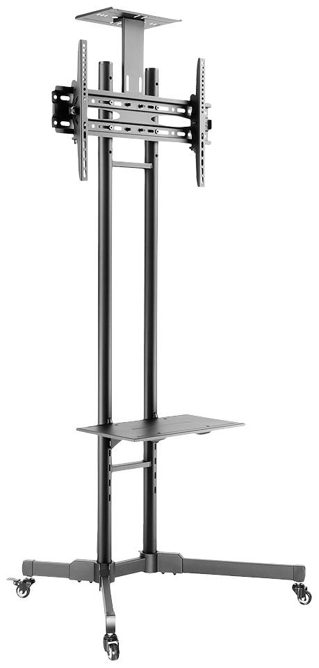 A mobile metal TV stand with wheels and adjustable mounting bracket, suitable for presenting large screens.