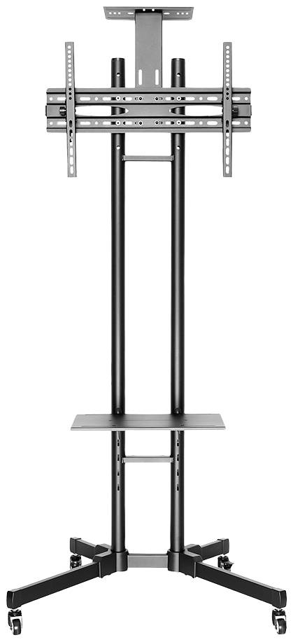 Mobile black TV stand with castors, height-adjustable, suitable for large screens. Includes a shelf for accessories.