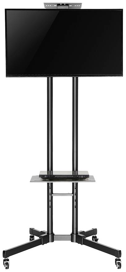 Black stand with a large screen on top, two vertical poles, a shelf, and movable castors at the bottom.