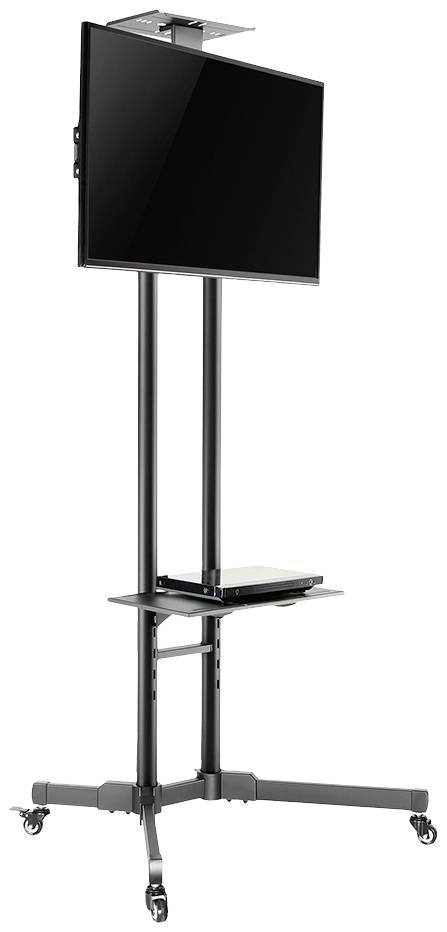 Flat screen display on a mobile stand with castors, with a shelf underneath for electronic devices.