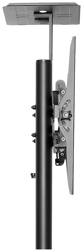 Side view of an adjustable TV ceiling mount with a black metal rod. The mount is tiltable and supports a monitor.