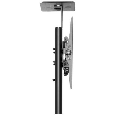 Side view of an adjustable TV ceiling mount with a black metal rod. The mount is tiltable and supports a monitor.
