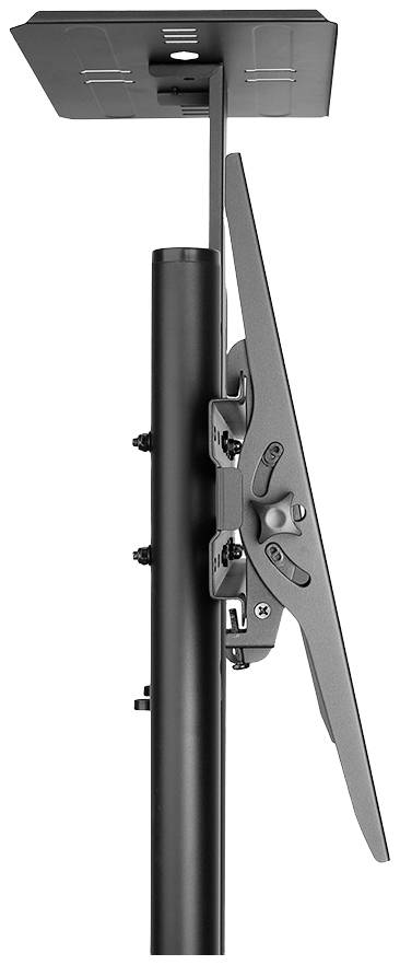 Monitor mount attached to a vertical pipe, viewed from the side. The bracket is adjustable, suitable for various monitor sizes.