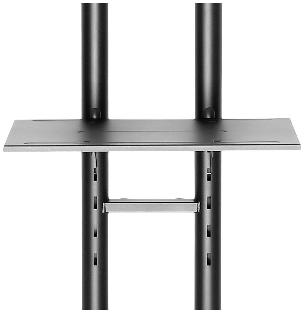 A black metal shelf is attached to two vertical poles. It serves as a storage surface and is height-adjustable.