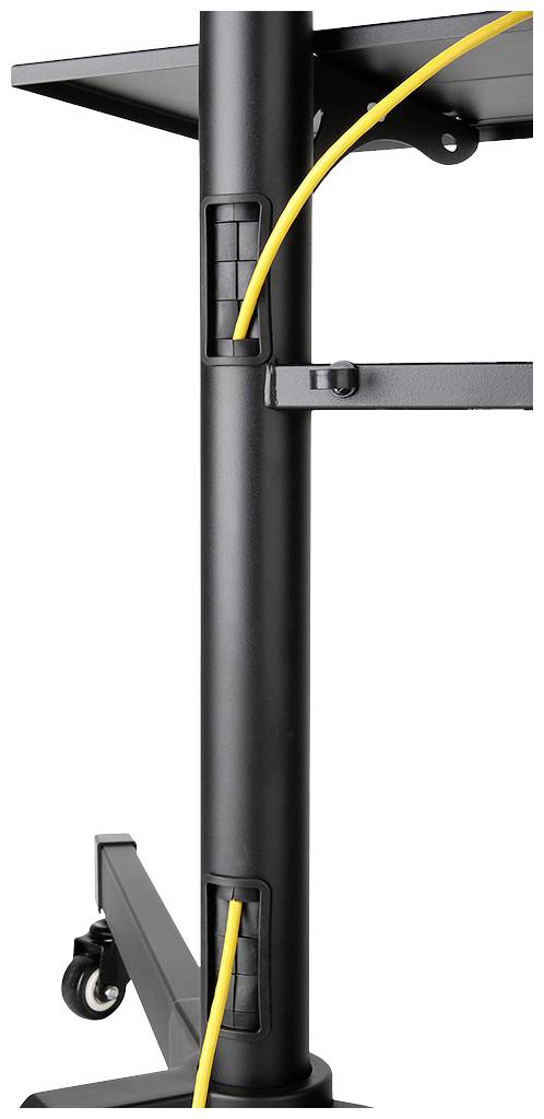 Black table leg with cable management, yellow cable routed through cable channel, demonstrates neat cable organisation on an office desk.