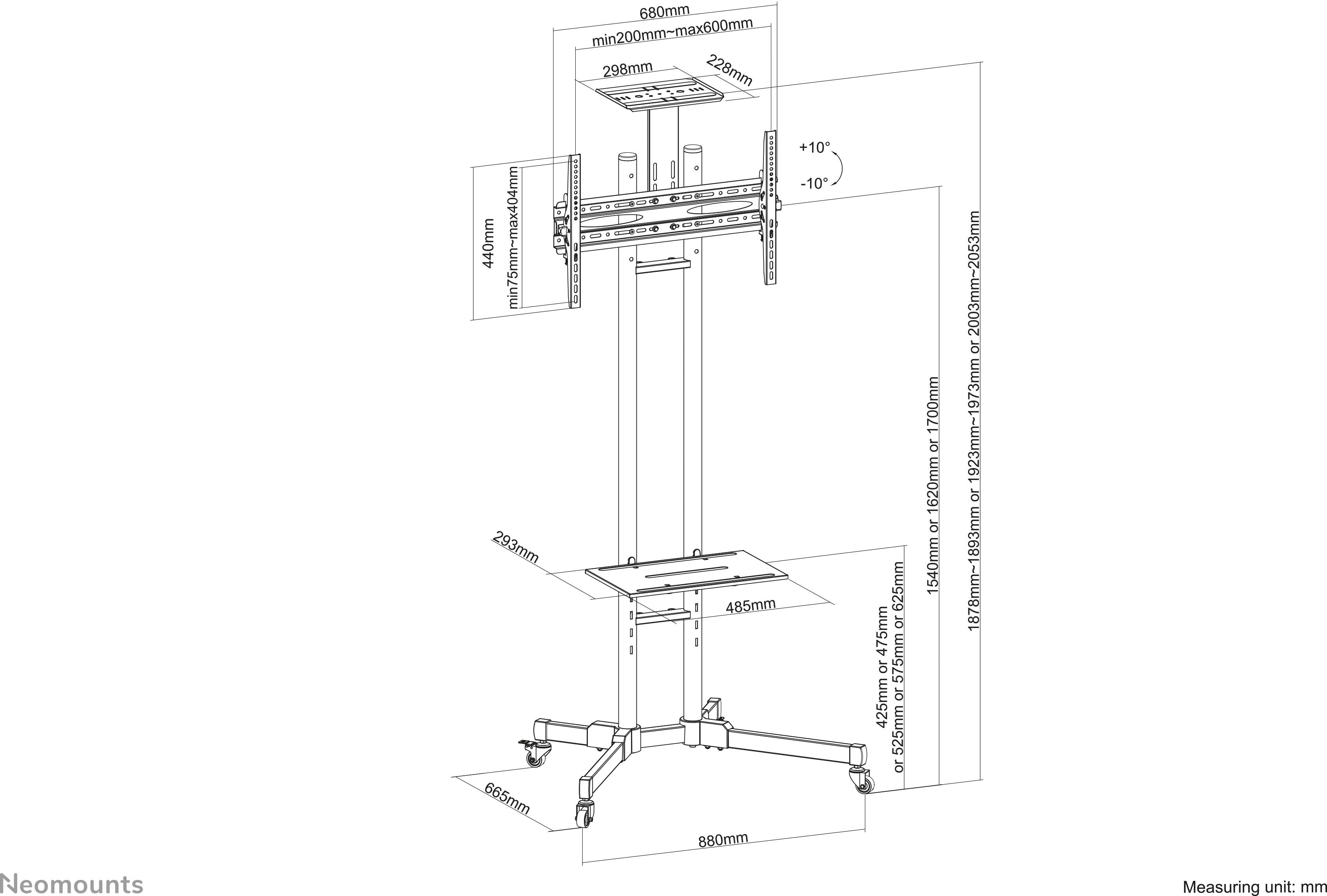 This technical drawing depicts a mobile TV trolley with adjustable height, an angled screen mount, and a shelf for devices.