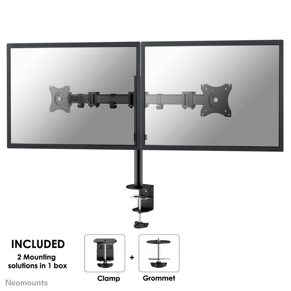 Two side-by-side mounted screens on an adjustable mount. Text: 'Includes: 2 Mounting Options in 1 Box - Clamp, Cable Routing'.