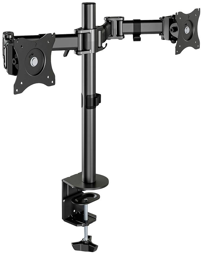 A dual metal monitor stand with adjustable arms and a desk clamp mount for two screens.