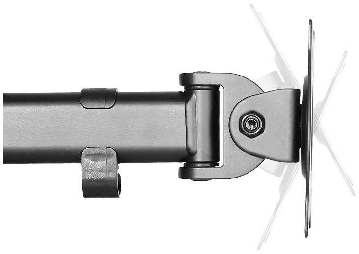 Metal bracket with hinge and mounting screw, fitted to a pole. Suitable for monitor or TV mounting.