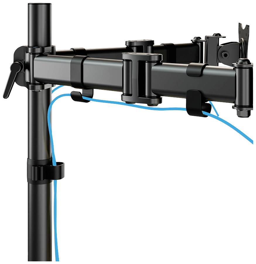 Monitor mount with cable management. Two arms with clamps for cable attachment, mounted on a vertical pole.