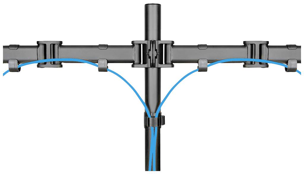 Cable management system with mounting brackets holds two blue cables neatly organised along a metal rod. Suitable for tidy cable routing.