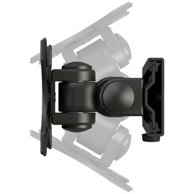 A black monitor stand viewed from the side demonstrates tilt and swivel functions, with a mounting bracket and joints for flexible positioning.