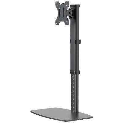 Metal monitor stand in black, with adjustable height; compatible with VESA mounts, suitable for flat screens.
