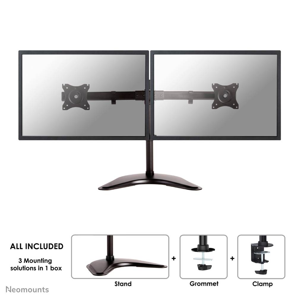 Dual monitor mount with two screens on a single stand. Additional mounting options: grommet and clamp.